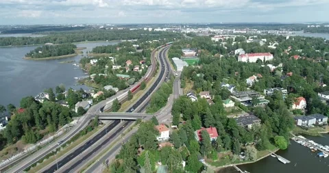 Aerial drone view of highway multi-level junction road with moving car Stock Footage 147841430