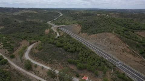 Aerial drone view of Highway in Odeleite Dam reservoir - Algarve, Portugal Stock Footage 132641783