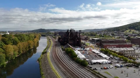 Aerial Drone View of Historic Bethlehem Steel Factory Ruins in Pennsylvania Stock Footage 332168218