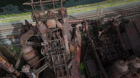 Aerial Drone View of Historic Bethlehem Steel Factory Ruins in Pennsylvania Stock Footage 332168219