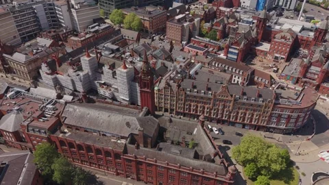 Aerial drone view of historic red brick architecture in Birmingham city centre Stock-Footage 334690810