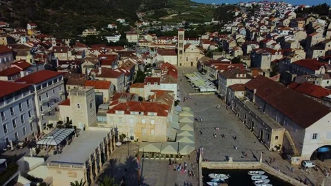 Aerial drone view of hvar town main square and port in croatia Stock Footage 340381264