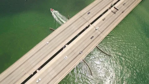 Aerial drone view of I-195 highway bay bridge with cars and traffic Video stock 100856964