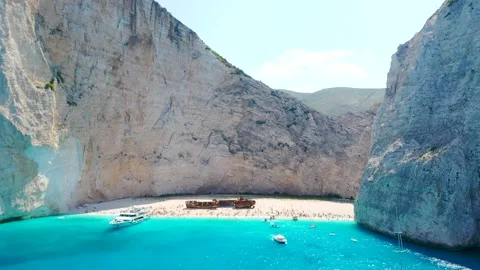 Aerial drone view of iconic beach of Navagio or Shipwreck one of the most 스톡 동영상 142246235
