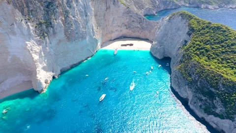 Aerial drone view of iconic beach of Navagio or Shipwreck one of the most Stock-Footage 142246820