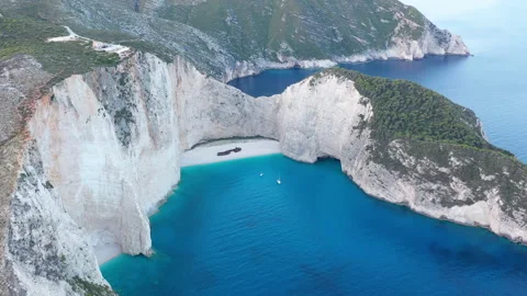 Aerial drone view of iconic beach of Navagio or Shipwreck one of the most bea Stockbeeldmateriaal 158304040