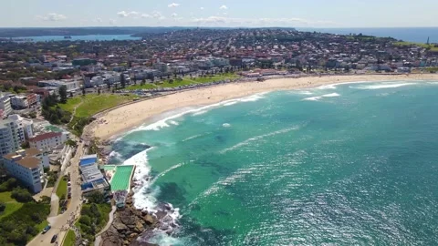 Aerial drone view of iconic Bondi Beach in Sydney, Australia during Spring 2022 Stock Footage 213176117