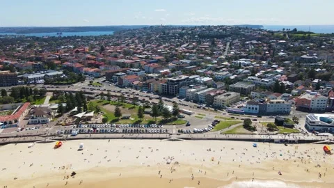 Aerial drone view of iconic Bondi Beach in Sydney, during Spring 2022 Stock Footage 213259811