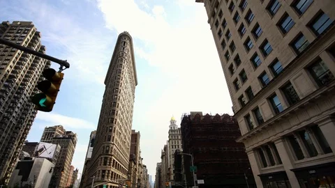 Aerial drone view of iconic Flatiron Building at Madison Square Park in New York Stock Footage 95564979
