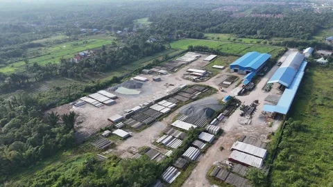 Aerial Drone View of Industrial Complex and Blue Warehouses in Countryside 스톡 동영상 334322642