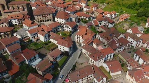 Aerial Drone View of Isaba, Spain, San Cipriano Church, Stone Houses, Pyrenees Stock Footage 300805829