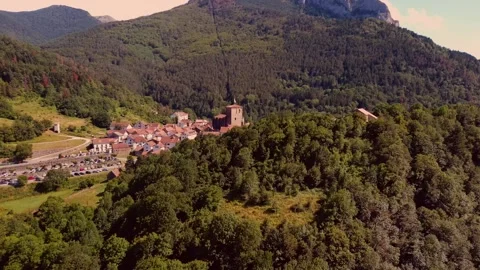 Aerial Drone View of Isaba, Spain, San Cipriano Church, Stone Houses, Pyrenees Stock Footage 300805960