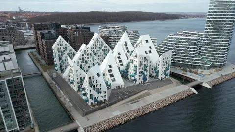 Aerial Drone View of Isbjerget Residential Buildings in Aarhus Ø, Denmark Stock Footage 343534559