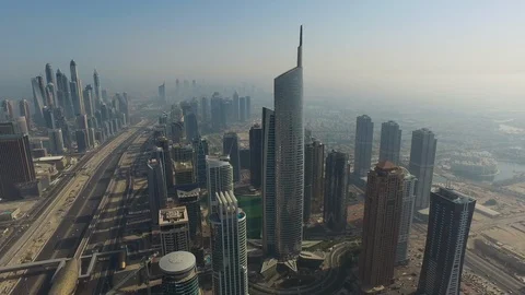 Aerial drone view of Jumeirah Lake Tower Commodities Centre and Dubai Marina Stock Footage 100856446