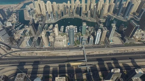 Aerial drone view of Jumeirah Lake Tower Commodities Centre and Dubai Marina Stock-Footage 100856479