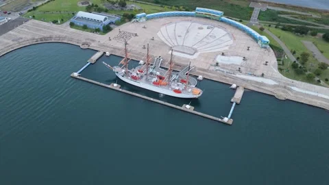 Aerial Drone View of Kaiwo Maru Sailing Ship at Kaiwomaru Park, Japan Stock Footage 340265293