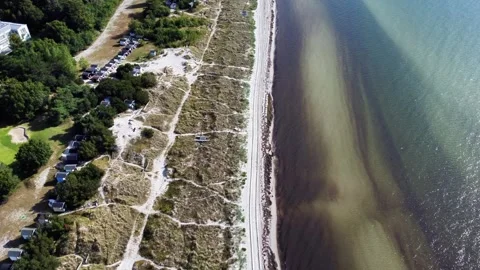 Aerial Drone View of Kolabacken Beach with Dunes and Cabins in Falsterbo, S.. Stock Footage 340875565