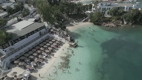 Aerial drone view of Ksamil beach with crystal clear turquoise water, Albania Stock Footage 344860787
