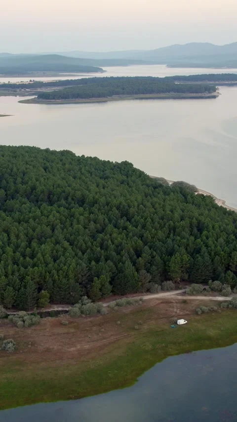 Aerial drone view of La Cuerda del Pozo Reservoir in Soria province Видео 342607457