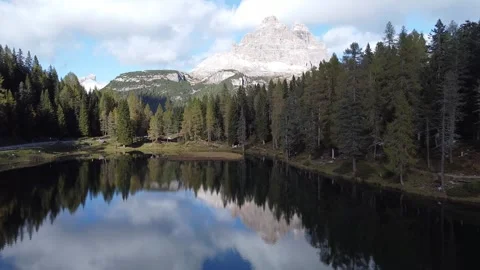 Aerial Drone View of Lago di Antorno and Alpine Mountains in the Dolomites Stock Footage 326208430