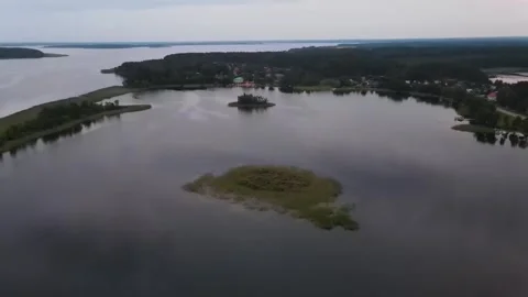 Aerial drone view of Lake Seliger islands and forest Stock Footage 338095989