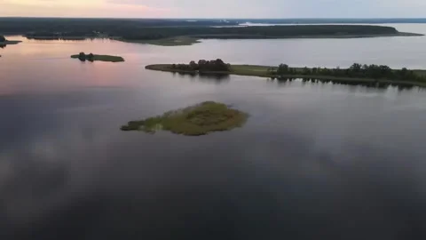 Aerial drone view of Lake Seliger at sunset Stock Footage 338096034