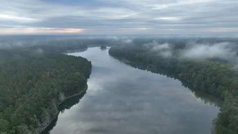 Aerial drone view of a lake surrounded by green forest. Big lake in the fog.. Video stock 310166138