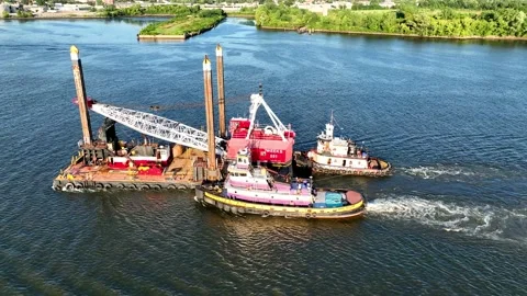 Aerial Drone View of a Large Barge being pushed by Two Pusher Tug Boats Stock Footage 204503835