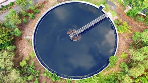 Aerial Drone View of Large Circular Sedimentation Tank Stock Photos