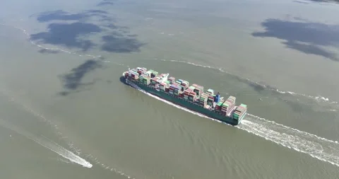 Aerial drone view of a large container ship on sea. Видео 250278196