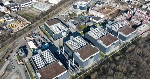 Aerial drone view on large data centers in Frankfurt, partly under construction Stock Footage 301274858