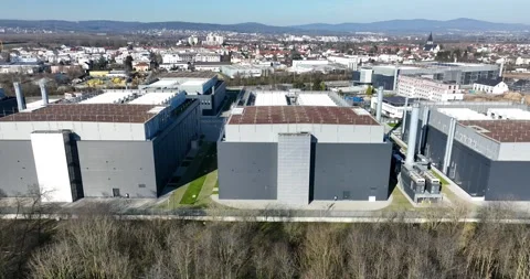 Aerial drone view on large data centers in Frankfurt, partly under construction Stock Footage 301274982