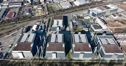 Aerial drone view on large data centers in Frankfurt, partly under construction Stock Footage 301557837
