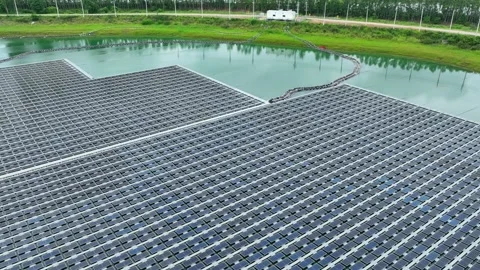 Aerial drone view of a large floating solar farm. Stock Footage 340134722