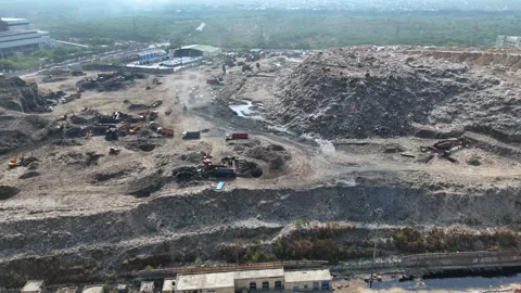 Aerial Drone View of Large Garbage Landfill Site in Delhi India Stock Footage 334236559