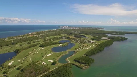 Aerial drone view of large golf course on Biscayne Island near Miami Stock Footage 100861476