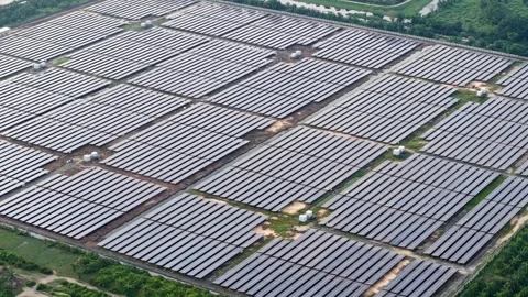 Aerial drone view of large ground solar panel farm Stock-Footage 332246527