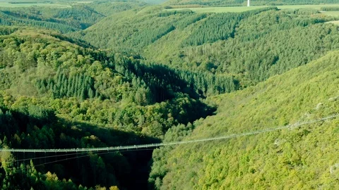 Aerial Drone View of a large hanging suspension bridge over a Forest Valley 動画素材 122379771