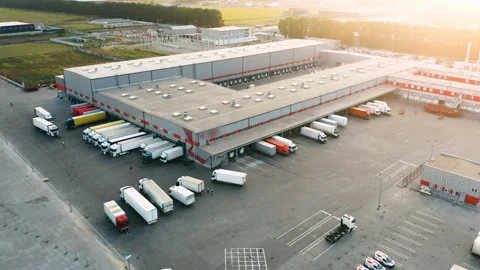 Aerial Drone View of Large Modern Logistics Complex with Warehouses and Trucks Stock Footage 329002735