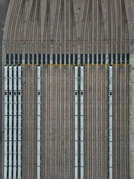 Aerial drone view of a large train depot and its tracks in London, England Stock Photos