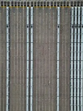 Aerial drone view of a large train depot and its tracks in London, England Stock Photos