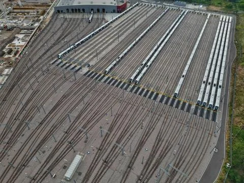 Aerial drone view of a large train depot and its tracks in London, England Stock Photos