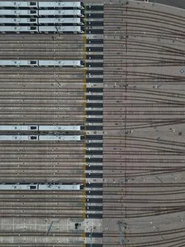 Aerial drone view of a large train depot and its tracks in London, England Stock Photos