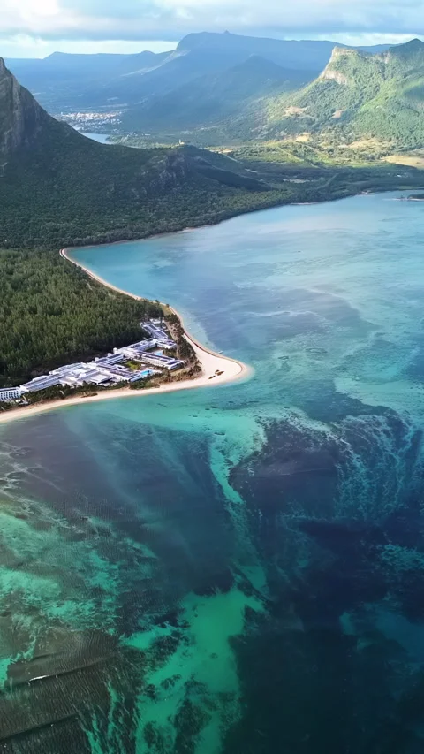 Aerial drone view of Le Morne Brabant peninsula in Mauritius, showing coral Stock Footage 332319644