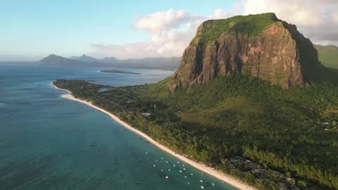 Aerial drone view of Le Morne Brabant mountain, Mauritius. Iconic basalt Stock Footage 340422609