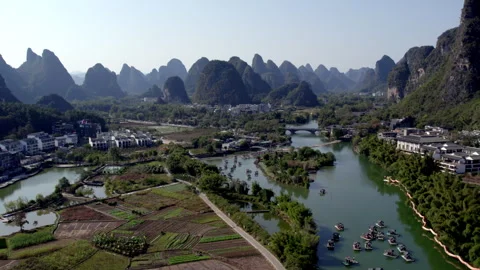 Aerial Drone View of Li River Karst Rural Town Vídeo Stock 340526497