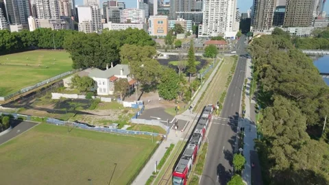 Aerial drone view of a light rail vehicle at Parramatta in Western Sydney, NSW 스톡 동영상 291513877