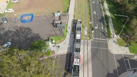 Aerial drone view of a light rail vehicle at Parramatta in Western Sydney, NSW Stock-Footage 291516762