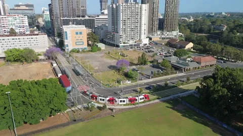 Aerial drone view of a light rail vehicle at Parramatta in Western Sydney, NSW Stock-Footage 291517178