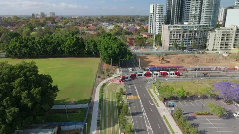 Aerial drone view of a light rail vehicle at Parramatta in Western Sydney, NSW 스톡 동영상 291517260